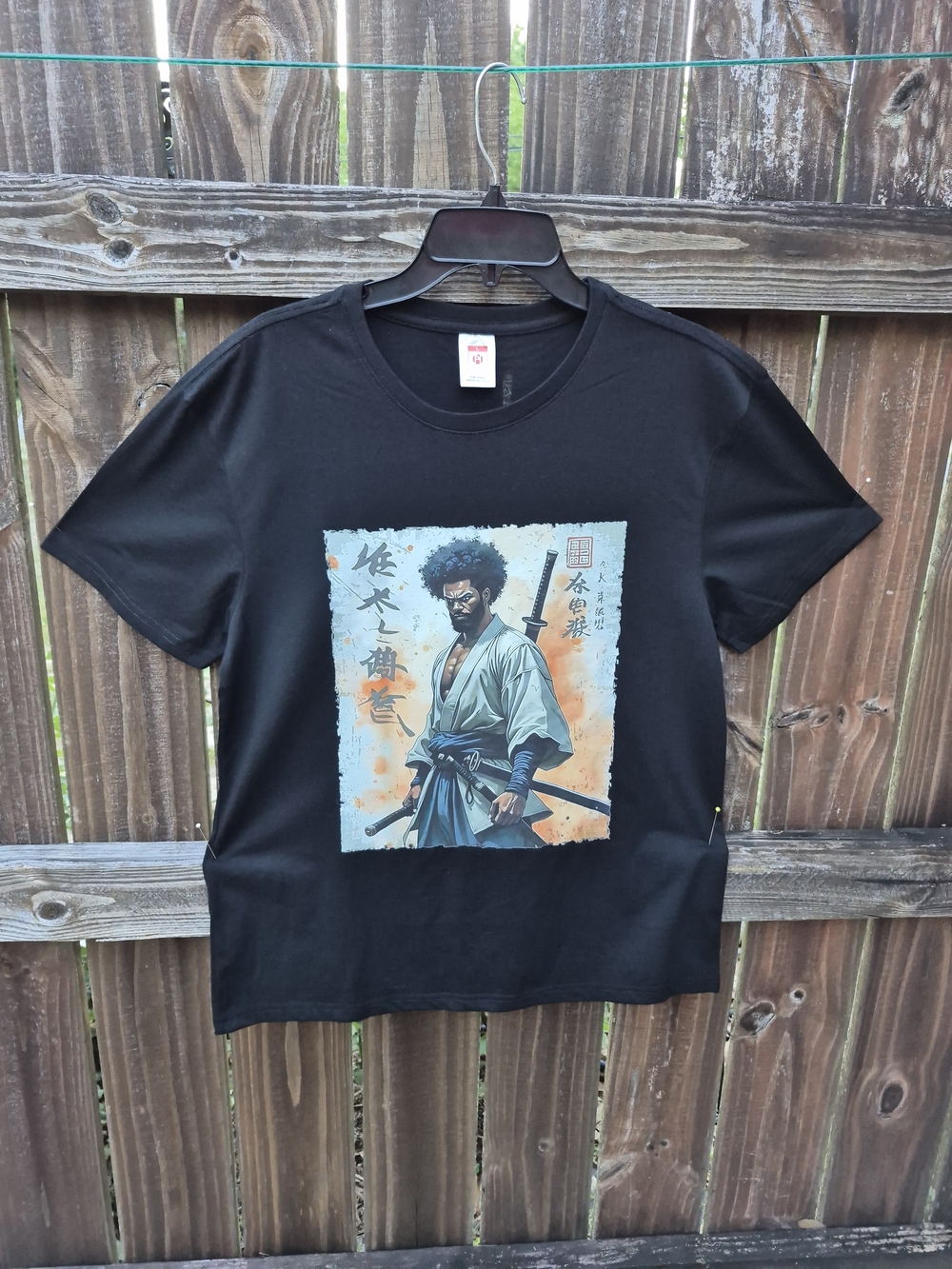 Afro American Samurai Warrior with Katana Black Cotton T-Shirt Large Men Unisex